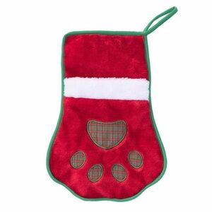 Red Paw-Shaped Holiday Stocking with Green Trim